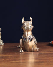 Pure Brass Nandi Bull Statue with Unique Lotus Carvings 10" - Budhshiv.com