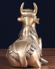 Pure Brass Nandi Bull Statue with Unique Lotus Carvings 10" - Budhshiv.com