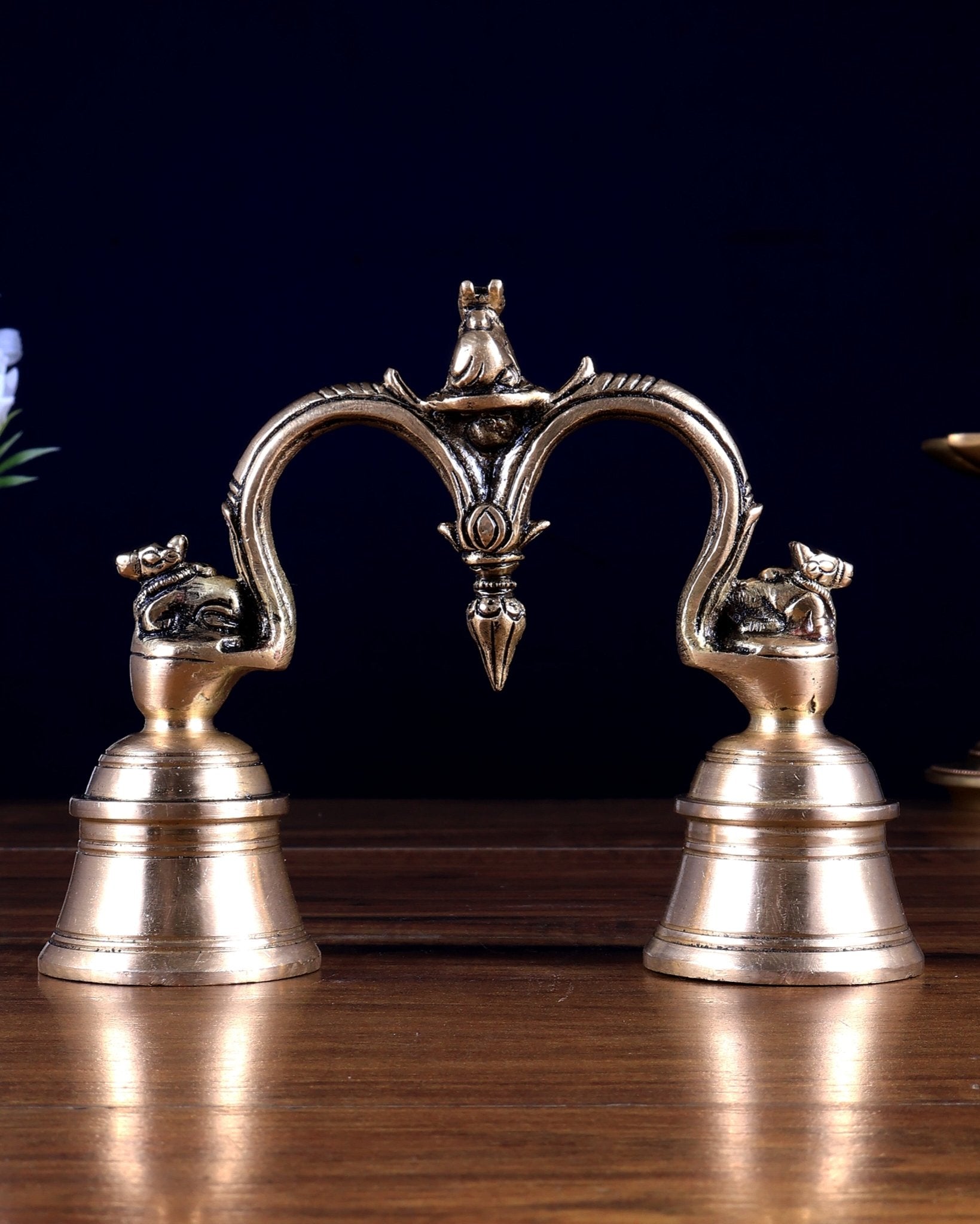 Pure Brass Nandi Design Double Hand Bell – Unique Temple Bell 6 inch - Budhshiv.com