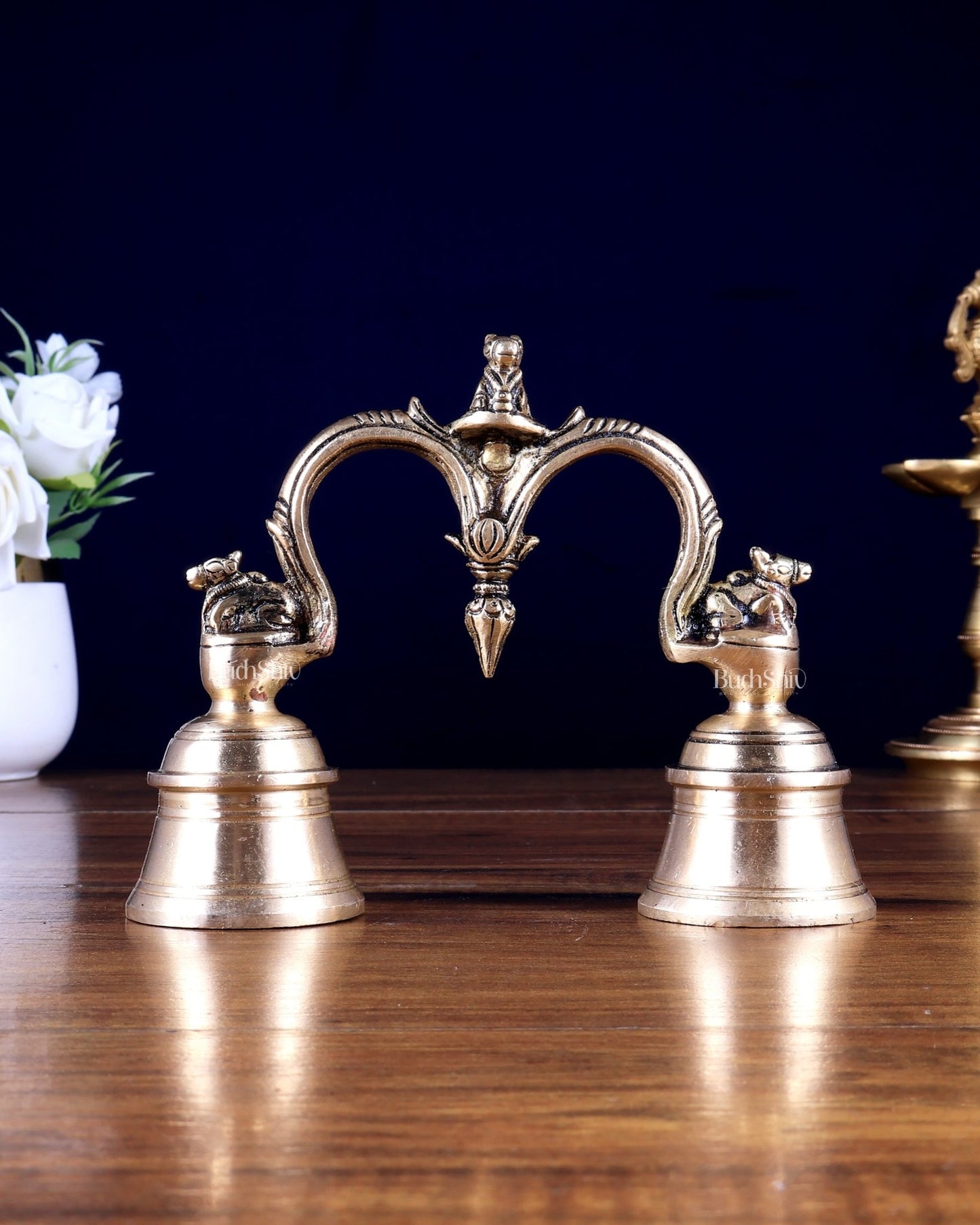 Pure Brass Nandi Design Double Hand Bell – Unique Temple Bell 6 inch - Budhshiv.com
