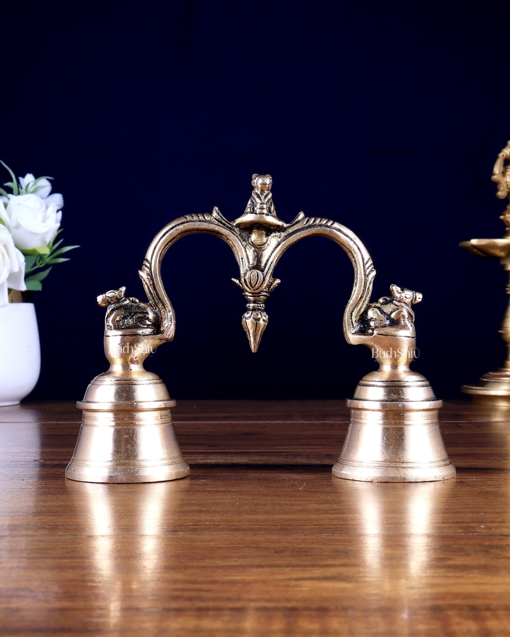 Pure Brass Nandi Design Double Hand Bell – Unique Temple Bell 6 inch - Budhshiv.com