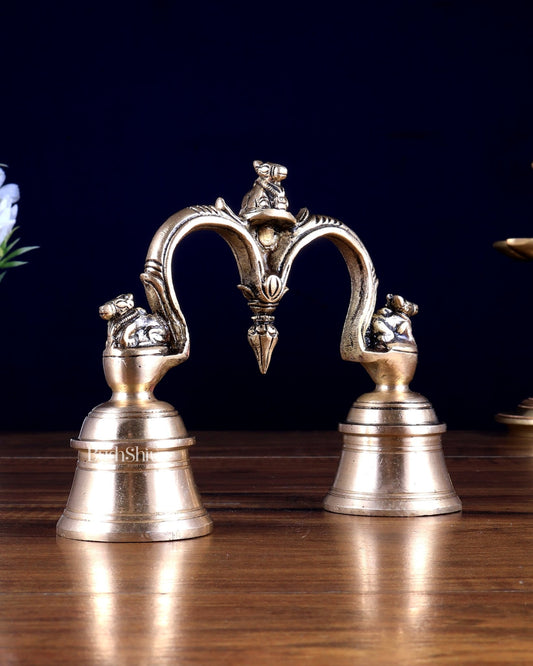 Pure Brass Nandi Design Double Hand Bell – Unique Temple Bell 6 inch - Budhshiv.com