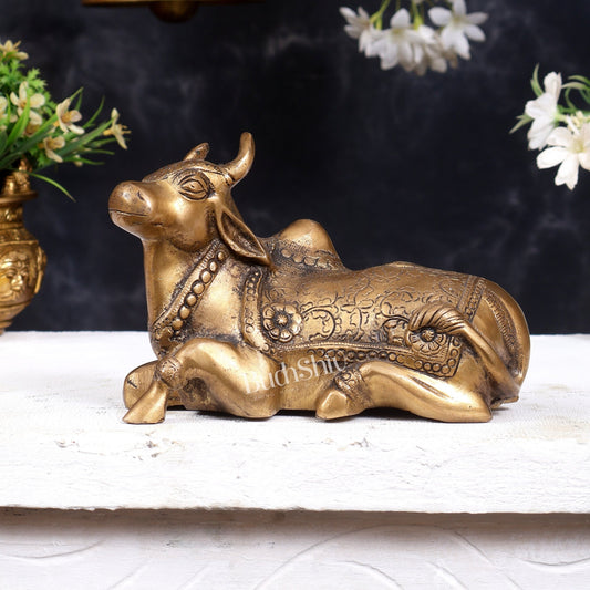 Pure Brass Nandi Idol in Antique Finish – 13 cm (6.7") - Budhshiv.com