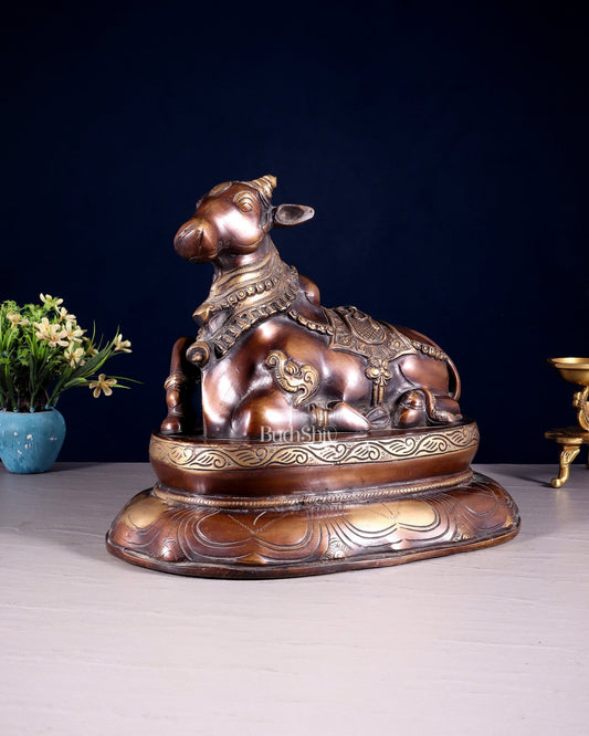 Pure Brass Nandi Idol on Engraved Base - 10 - Inch - Budhshiv.com
