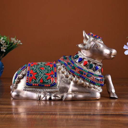 Pure Brass Nandi Statue – 10" meenakari Stonework - Budhshiv.com