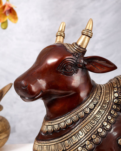 Pure Brass Nandi Statue | 18" Intricate Carvings Dual tone - Budhshiv.com