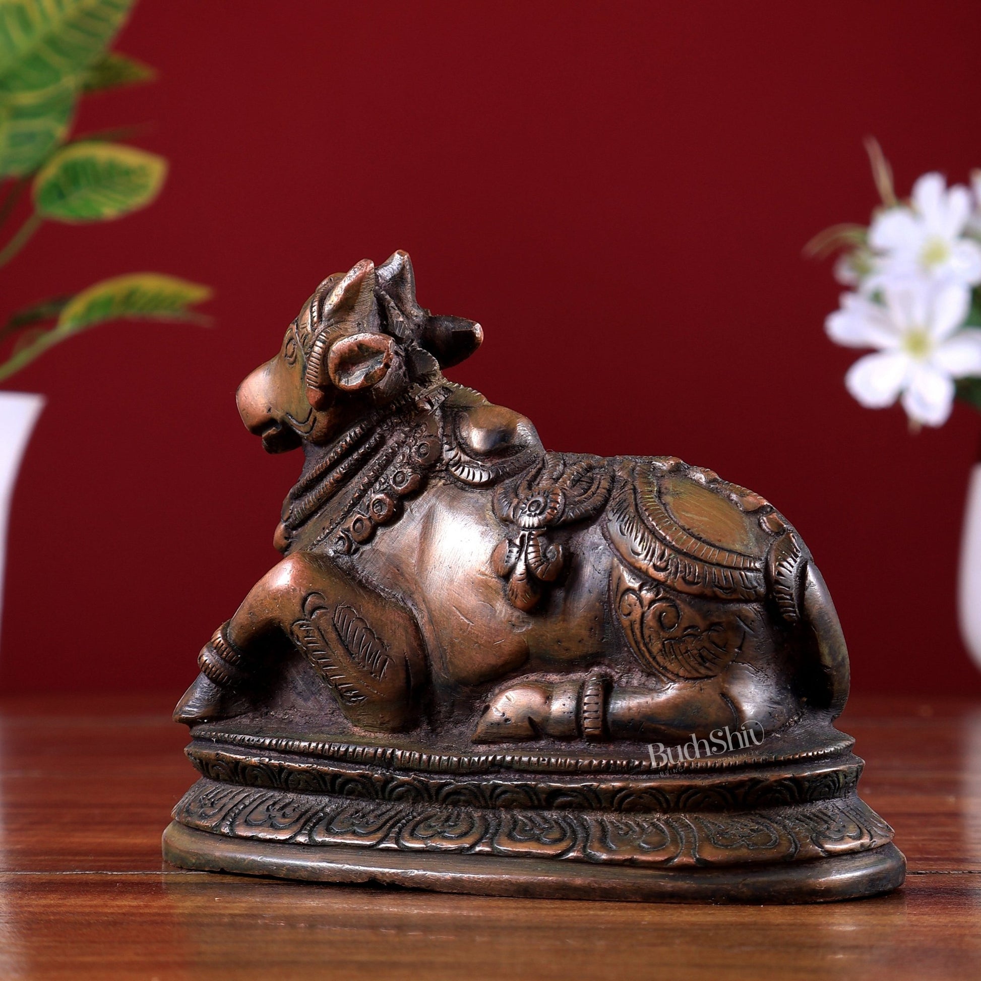 Pure Brass Nandi Statue – Small Size | Chola Bronze Tone 5 inch - Budhshiv.com