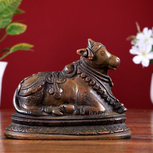 Pure Brass Nandi Statue – Small Size | Chola Bronze Tone 5 inch - Budhshiv.com