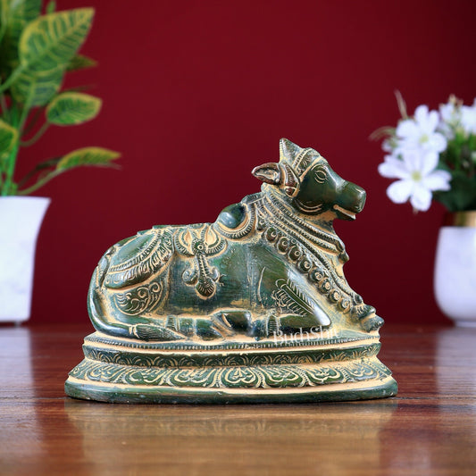 Pure Brass Nandi Statue – Small Size | Henna Green Sand Finish 5" - Budhshiv.com
