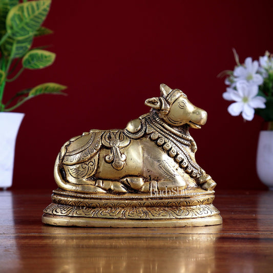 Pure Brass Nandi Statue – Small Size | Natural Brass Tone 5" - Budhshiv.com
