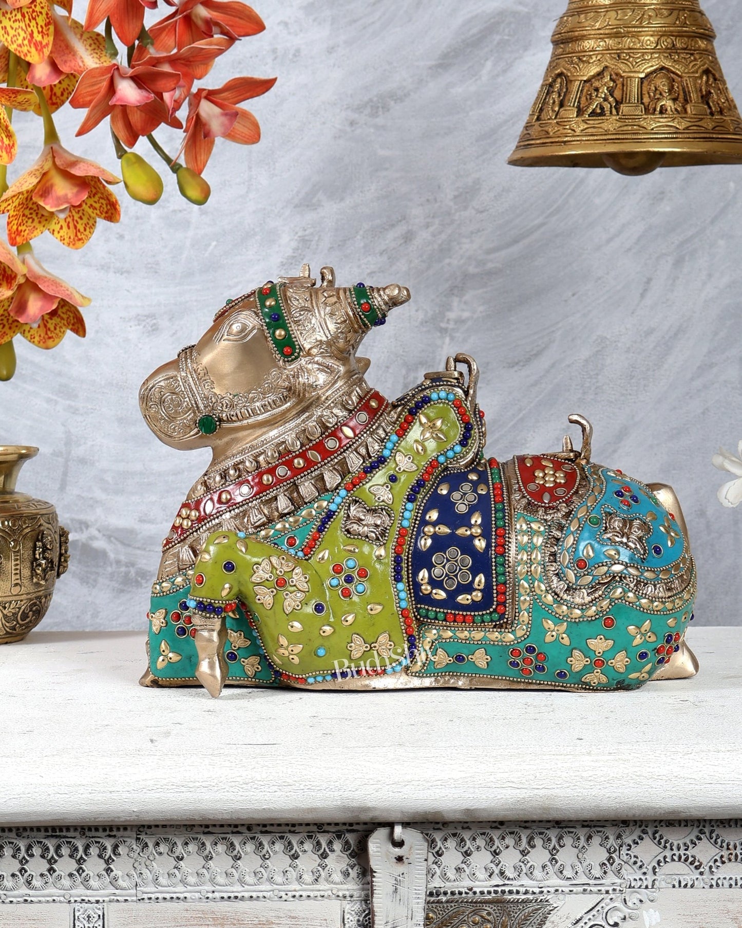 Pure Brass Nandi Statue with meenakari 11 inch - Budhshiv.com