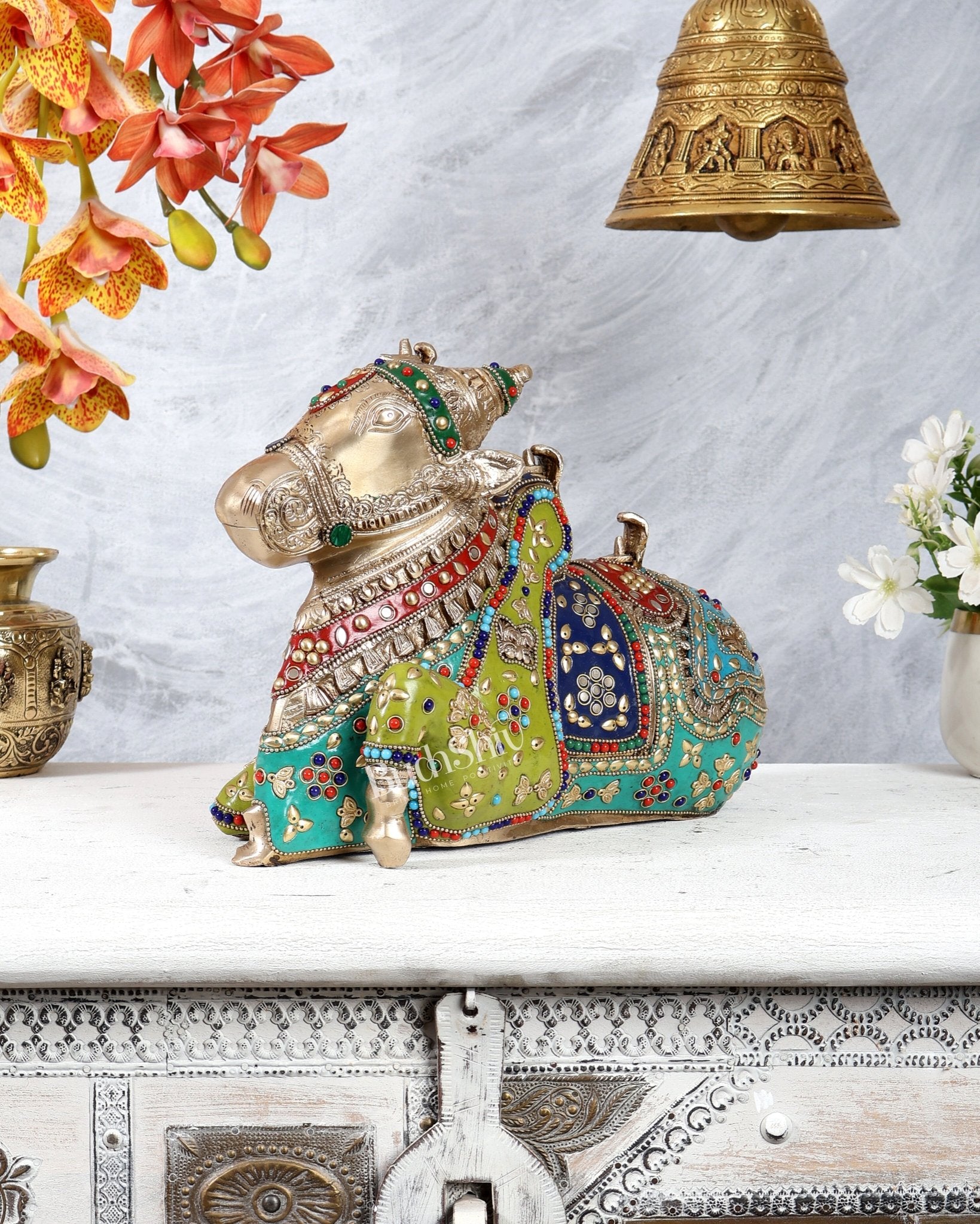 Pure Brass Nandi Statue with meenakari 11 inch - Budhshiv.com