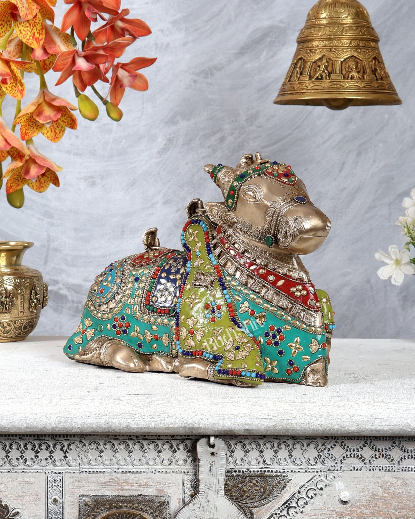 Pure Brass Nandi Statue with meenakari 11 inch - Budhshiv.com