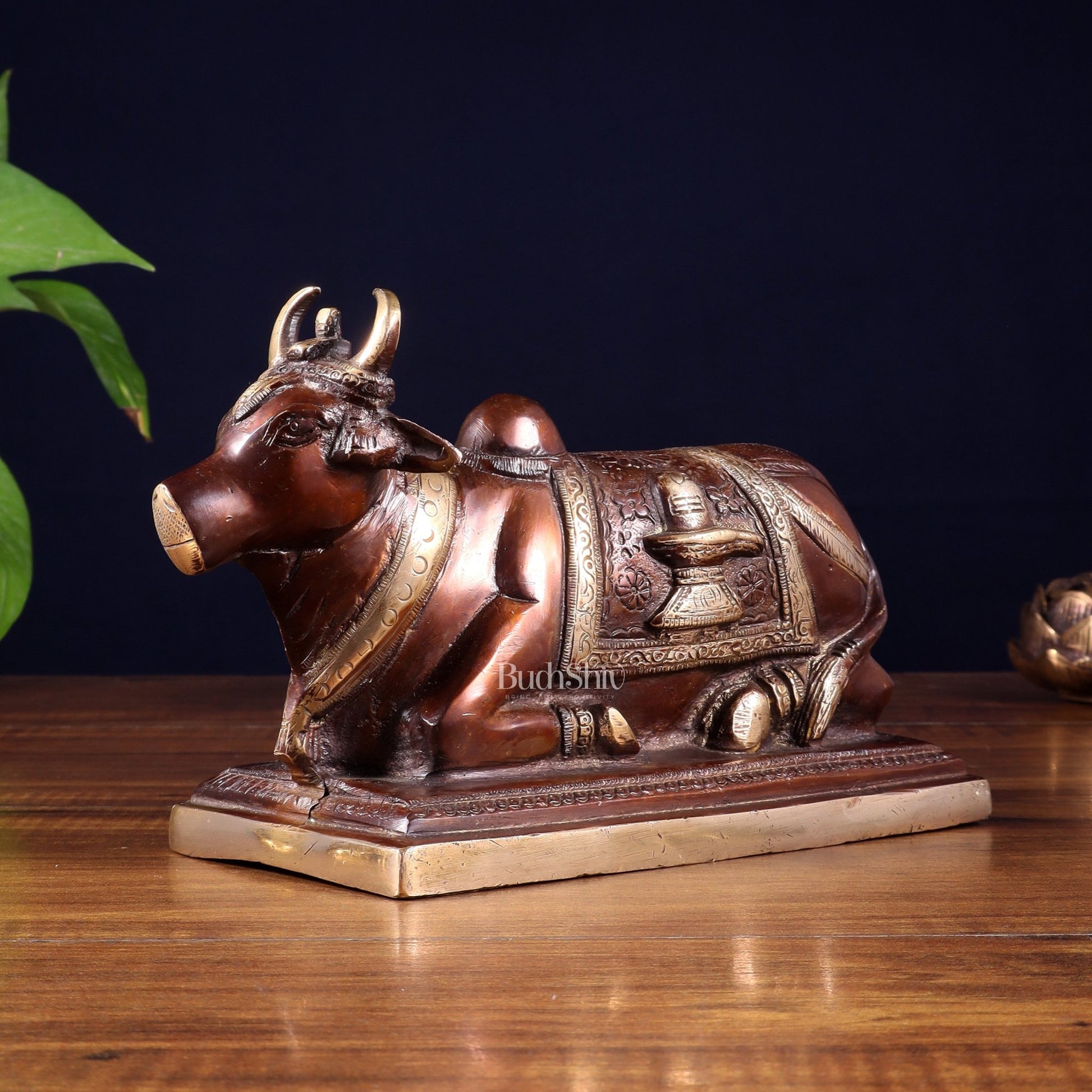 Pure Brass Nandi Statue with Shiva Lingam and vasuki Carvings – Copper Tone Finish 8.2" - Budhshiv.com