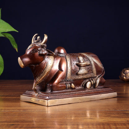 Pure Brass Nandi Statue with Shiva Lingam and vasuki Carvings – Copper Tone Finish 8.2" - Budhshiv.com
