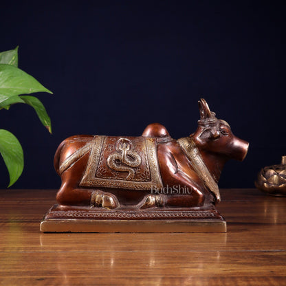 Pure Brass Nandi Statue with Shiva Lingam and vasuki Carvings – Copper Tone Finish 8.2" - Budhshiv.com