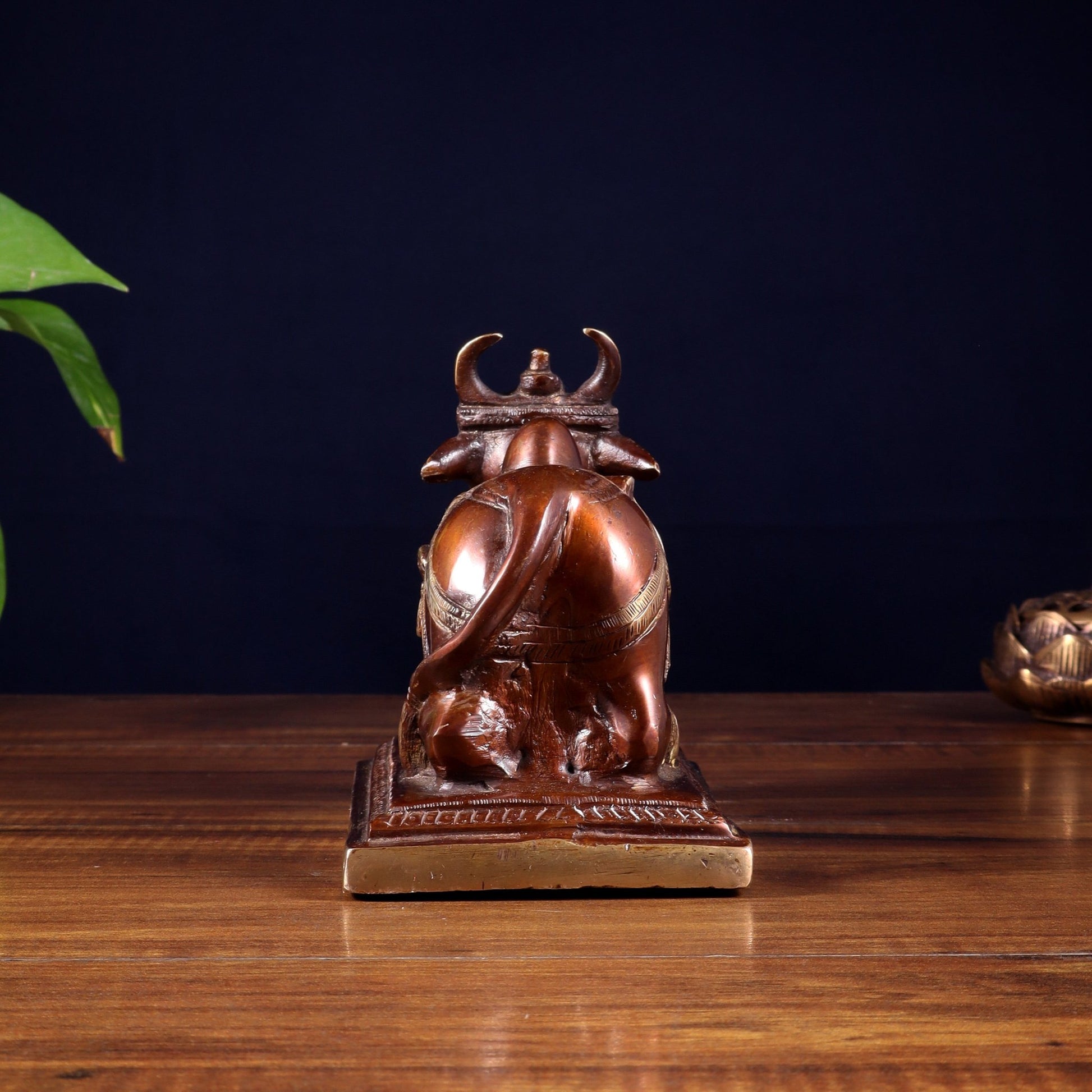 Pure Brass Nandi Statue with Shiva Lingam and vasuki Carvings – Copper Tone Finish 8.2" - Budhshiv.com