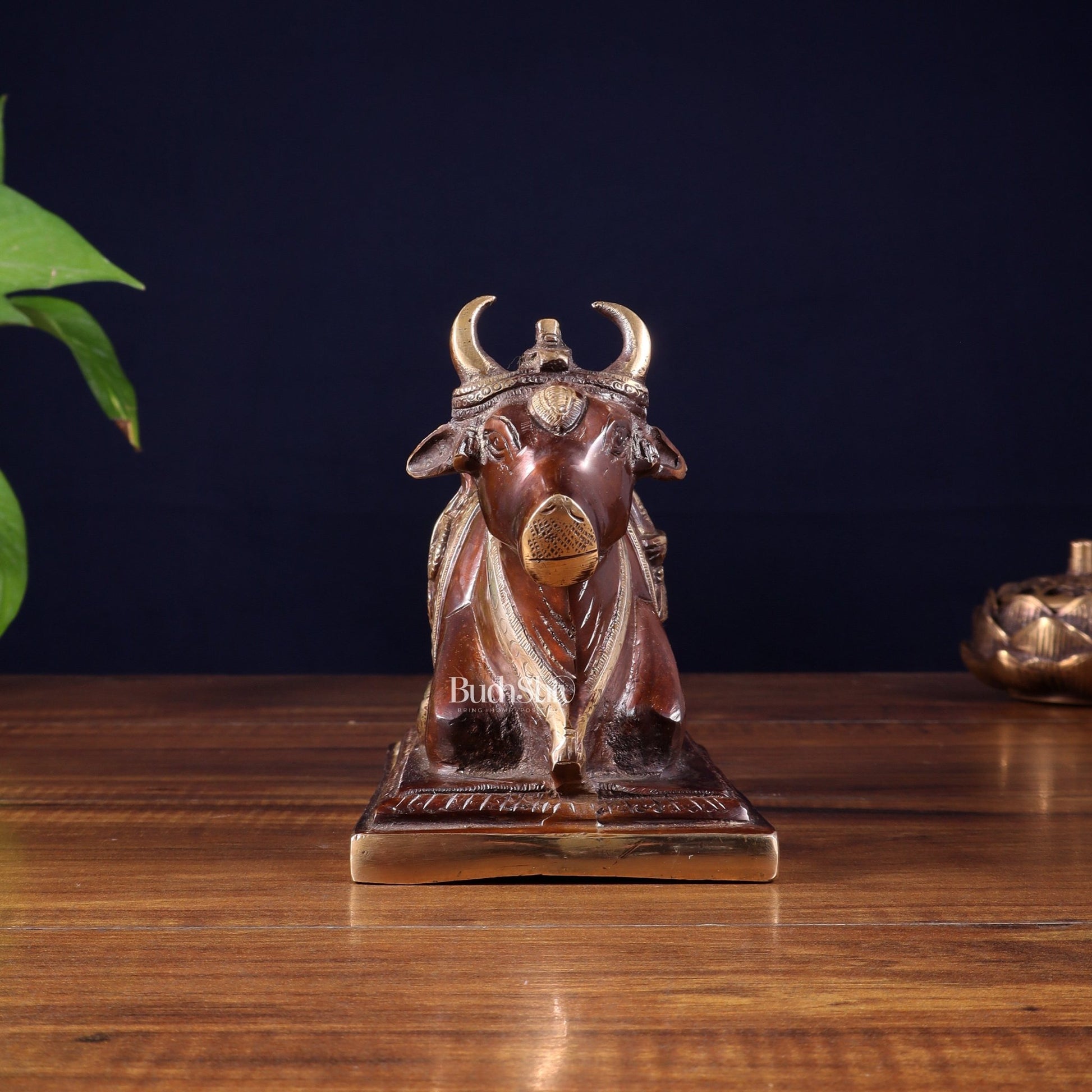 Pure Brass Nandi Statue with Shiva Lingam and vasuki Carvings – Copper Tone Finish 8.2" - Budhshiv.com