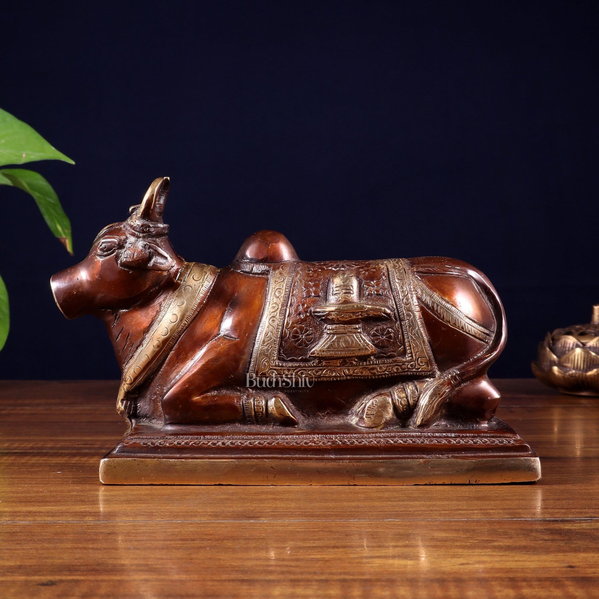Pure Brass Nandi Statue with Shiva Lingam and vasuki Carvings – Copper Tone Finish 8.2" - Budhshiv.com