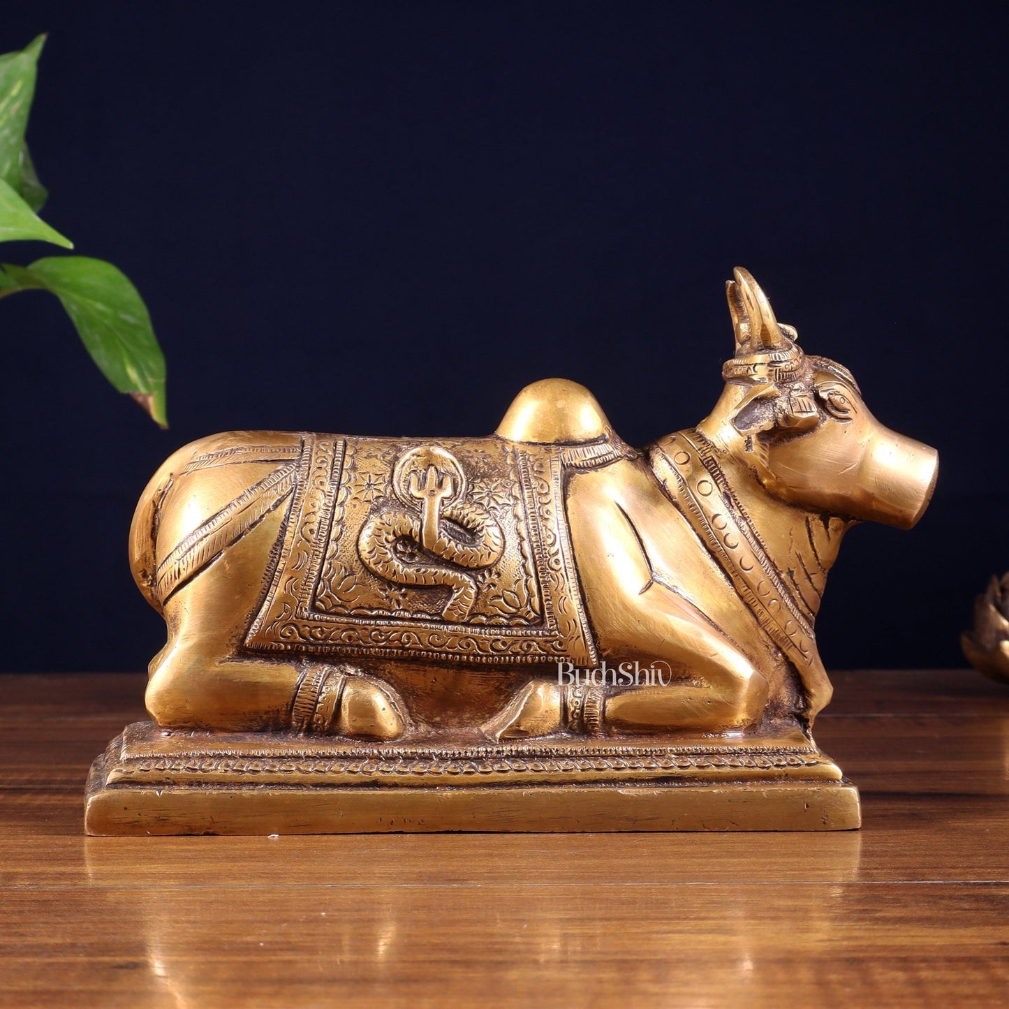 Pure Brass Nandi Statue with Shiva Lingam & Vasuki Carvings – Antique Burnt Brass Finish 8.2" - Budhshiv.com