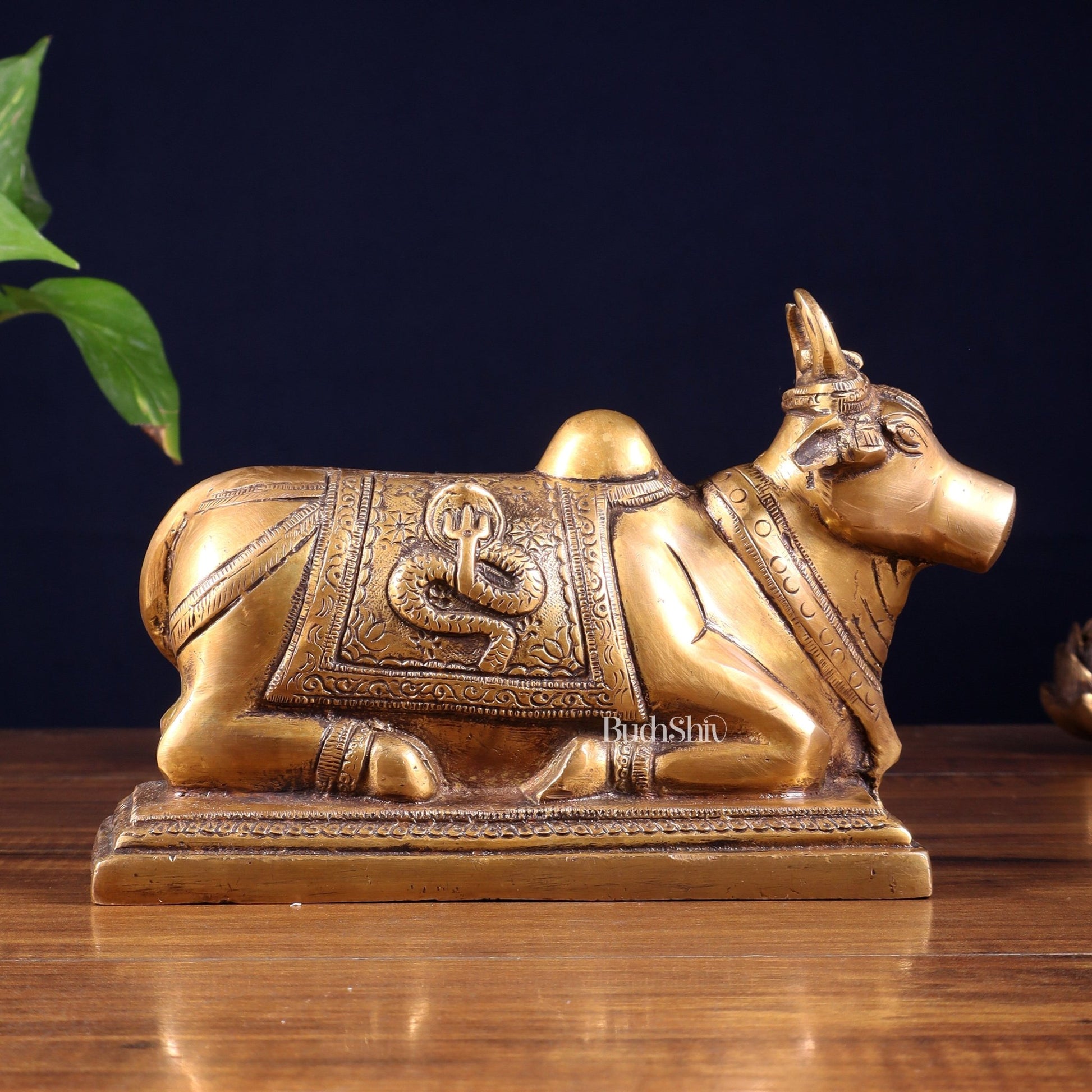 Pure Brass Nandi Statue with Shiva Lingam & Vasuki Carvings – Antique Burnt Brass Finish 8.2" - Budhshiv.com
