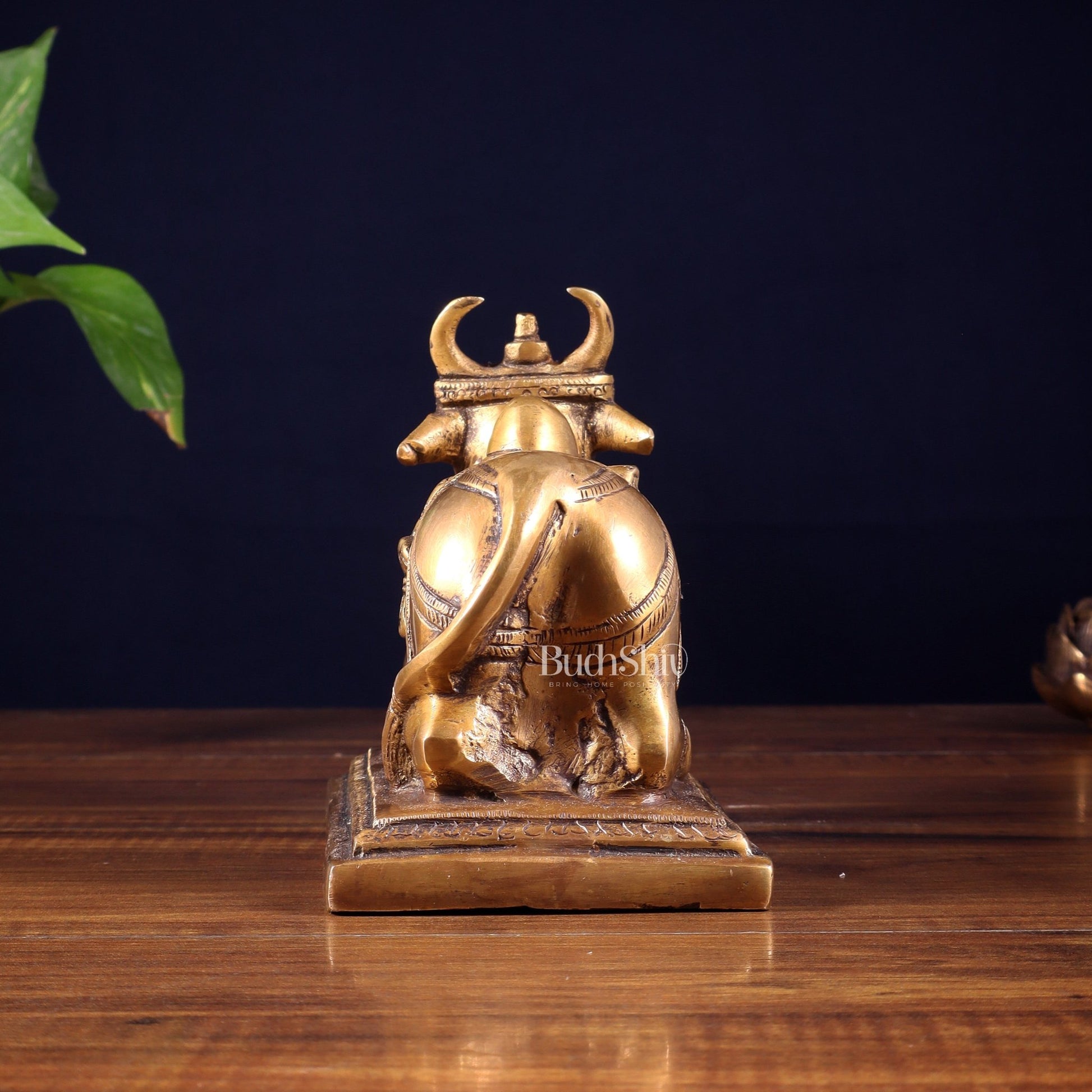 Pure Brass Nandi Statue with Shiva Lingam & Vasuki Carvings – Antique Burnt Brass Finish 8.2" - Budhshiv.com