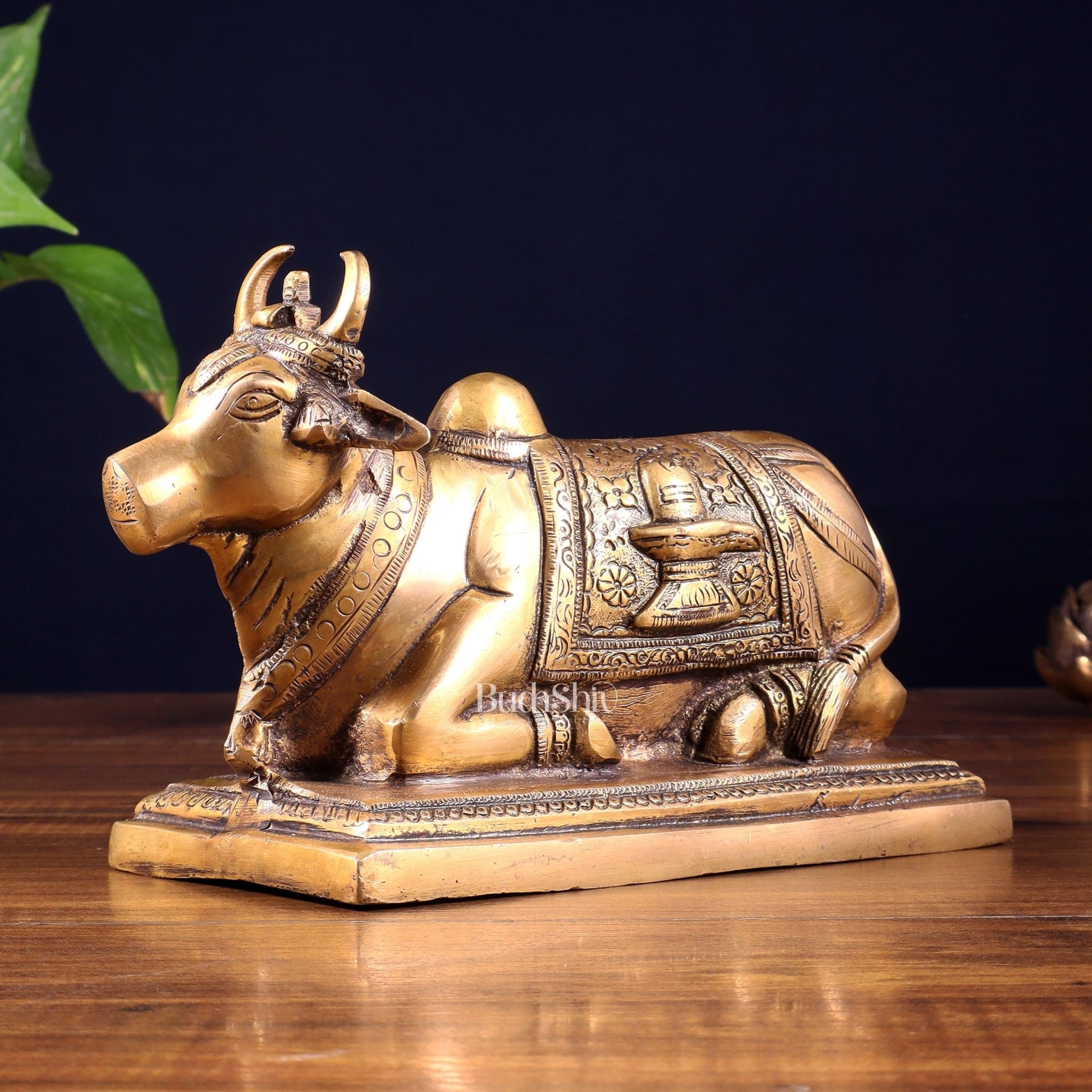 Pure Brass Nandi Statue with Shiva Lingam & Vasuki Carvings – Antique Burnt Brass Finish 8.2" - Budhshiv.com