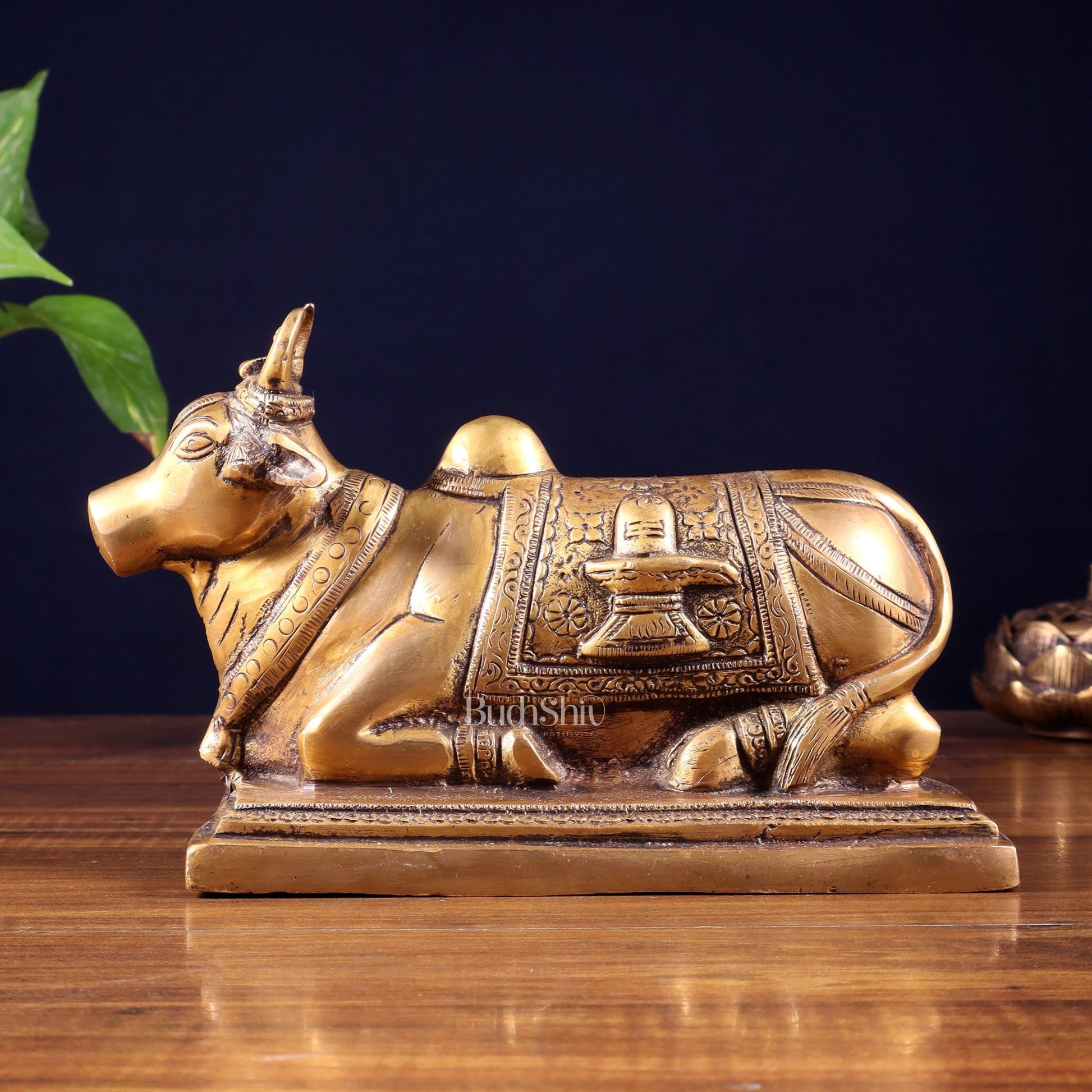 Pure Brass Nandi Statue with Shiva Lingam & Vasuki Carvings – Antique Burnt Brass Finish 8.2" - Budhshiv.com
