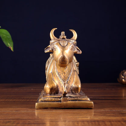 Pure Brass Nandi Statue with Shiva Lingam & Vasuki Carvings – Antique Burnt Brass Finish 8.2" - Budhshiv.com