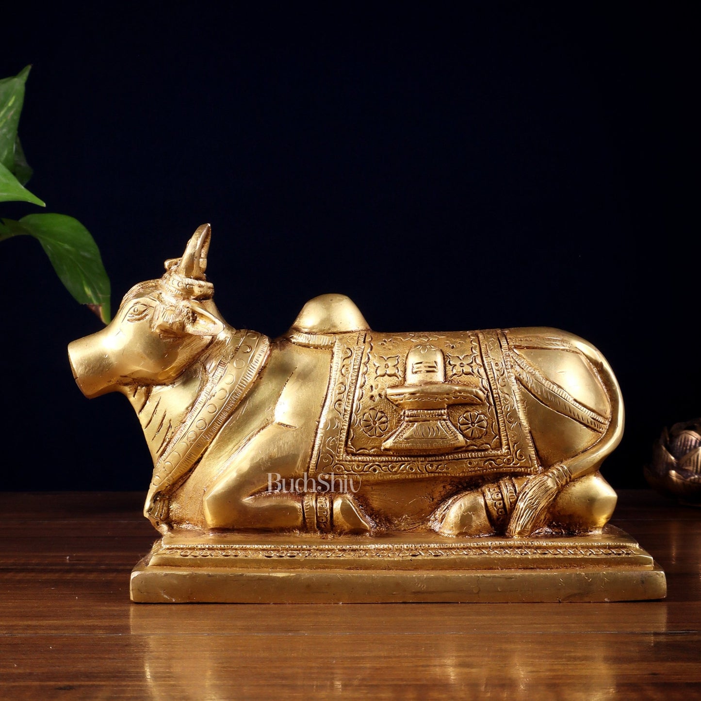 Pure Brass Nandi Statue with Shiva Lingam & Vasuki Carvings – Butter Gold Tone 8.2" - Budhshiv.com