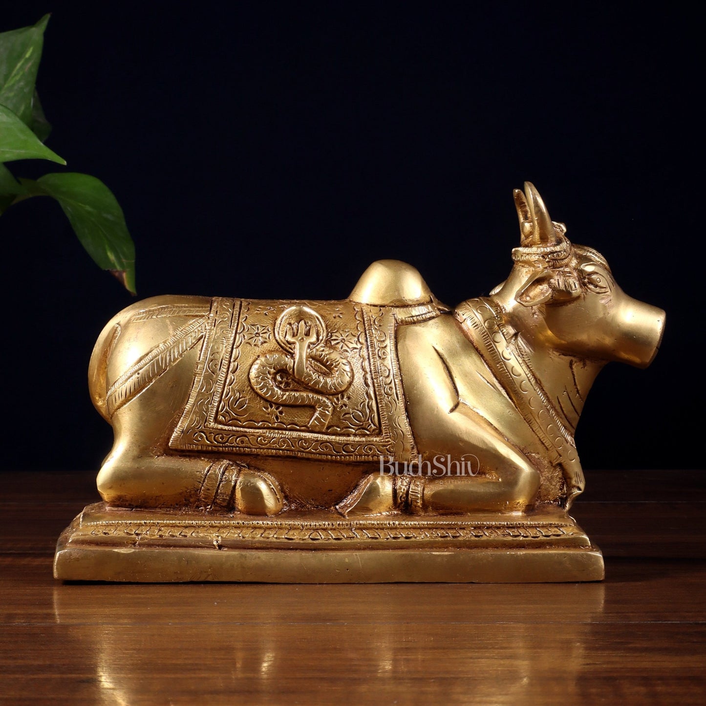 Pure Brass Nandi Statue with Shiva Lingam & Vasuki Carvings – Butter Gold Tone 8.2" - Budhshiv.com
