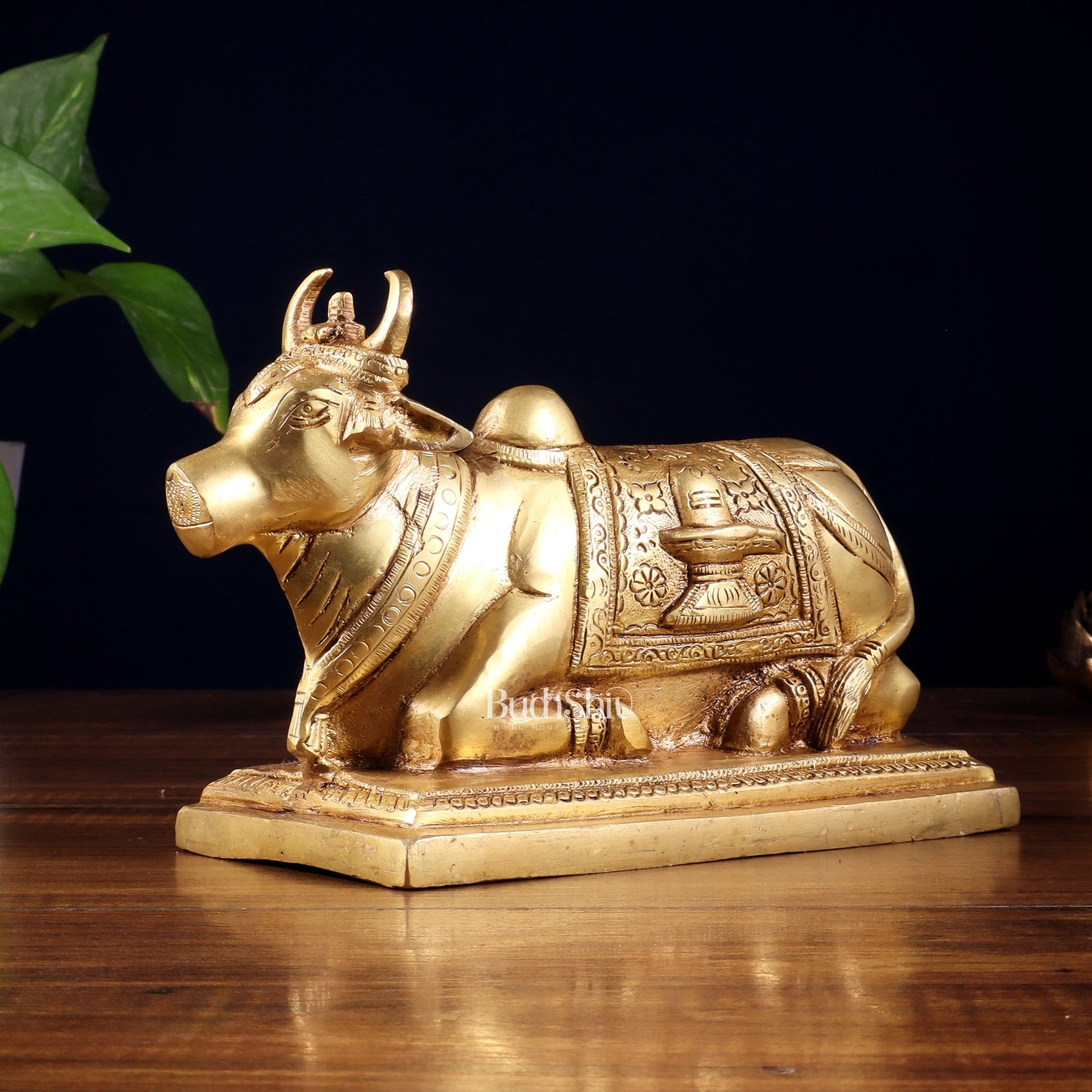 Pure Brass Nandi Statue with Shiva Lingam & Vasuki Carvings – Butter Gold Tone 8.2" - Budhshiv.com