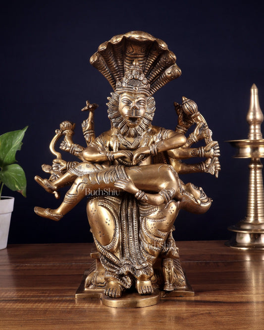Pure Brass Narasimha hiranyakashap dhahan with bhakt Prahlad statue - 13 inch - Budhshiv.com
