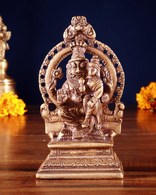 Pure Brass Narasimha Lakshmi with Back Frame Idol | Height: 4.5 inch - Budhshiv.com