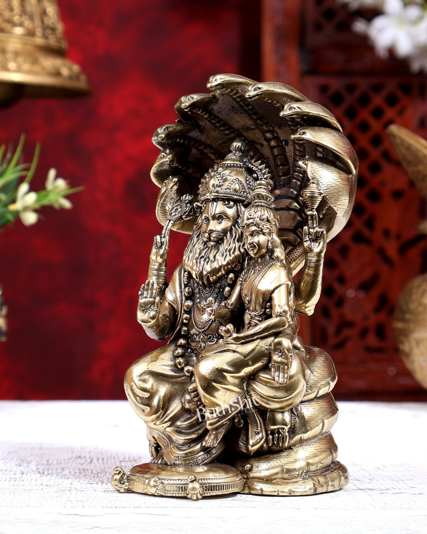 Pure Brass Narsimha Lakshmi Idol - 6 Inch - Budhshiv.com