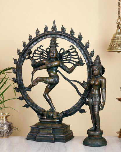 Pure Brass Nataraja 25" with Standing Shivagami Parvati 18" Set – Chola Bronze Antique Tone - Budhshiv.com