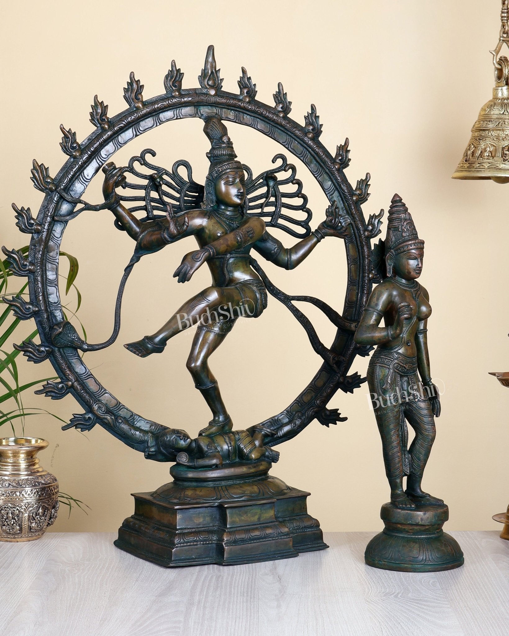 Pure Brass Nataraja 25" with Standing Shivagami Parvati 18" Set – Chola Bronze Antique Tone - Budhshiv.com
