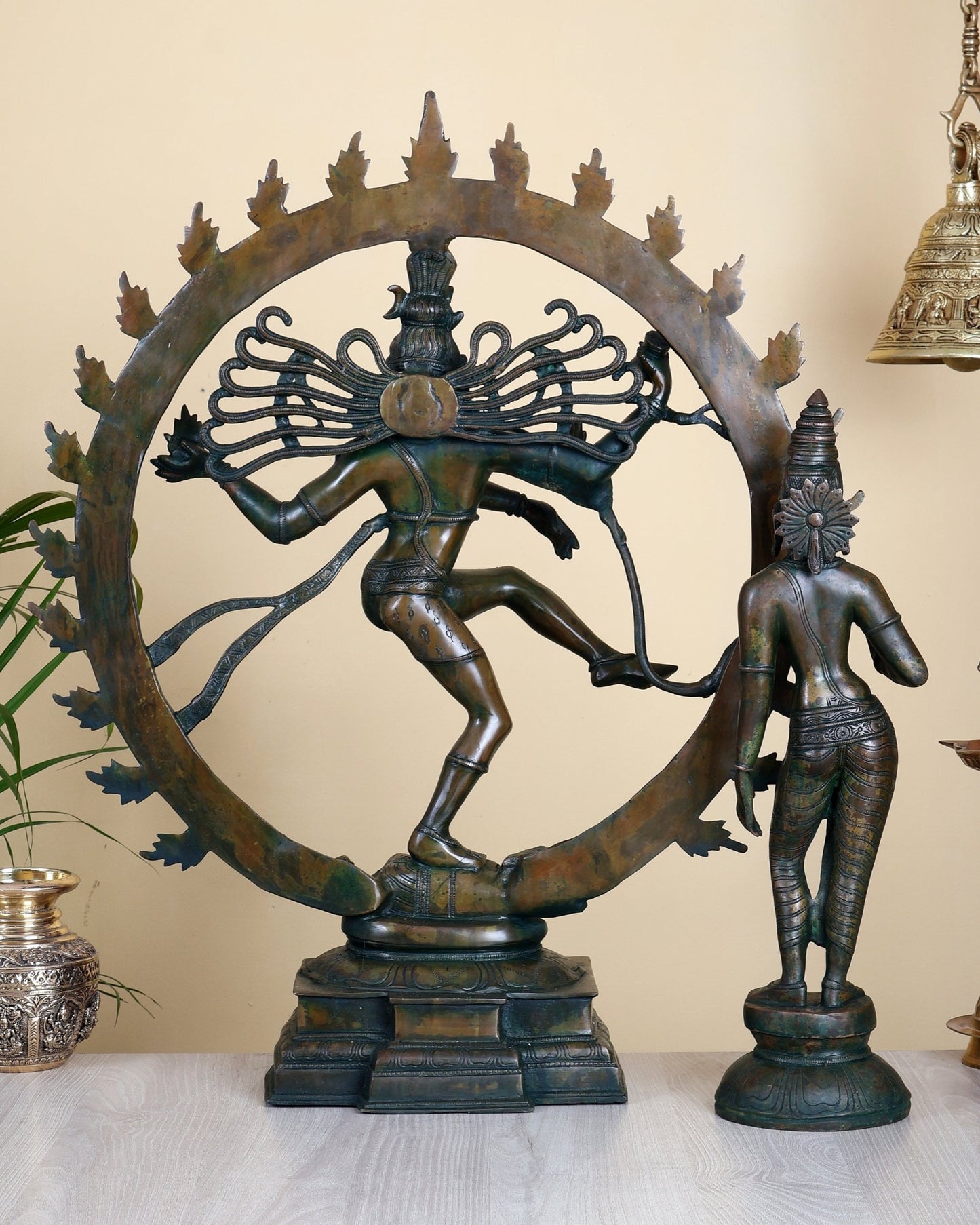 Pure Brass Nataraja 25" with Standing Shivagami Parvati 18" Set – Chola Bronze Antique Tone - Budhshiv.com