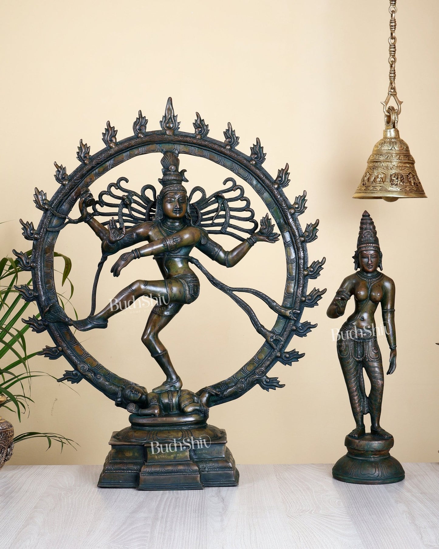 Pure Brass Nataraja 25" with Standing Shivagami Parvati 18" Set – Chola Bronze Antique Tone - Budhshiv.com