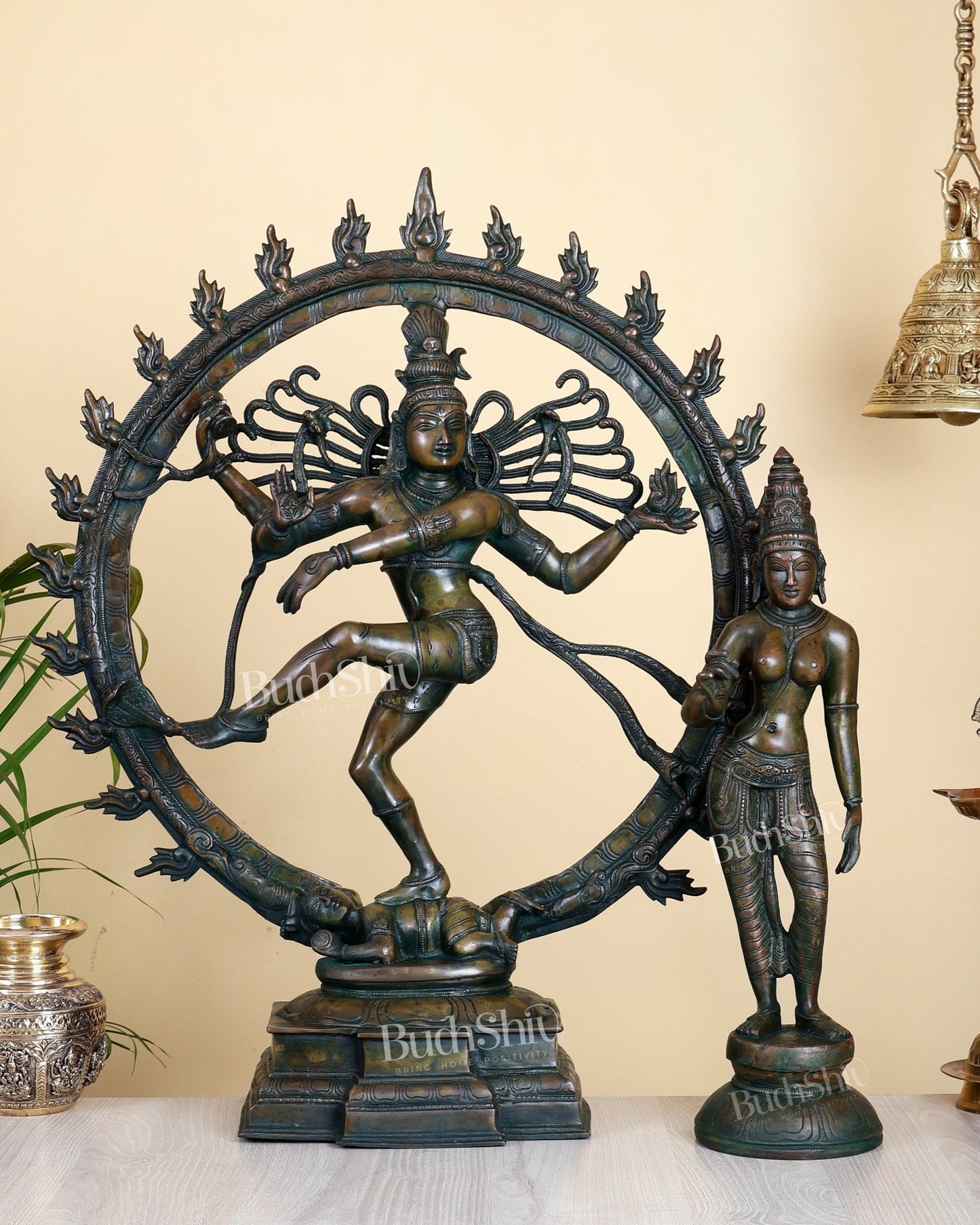 Pure Brass Nataraja 25" with Standing Shivagami Parvati 18" Set – Chola Bronze Antique Tone - Budhshiv.com
