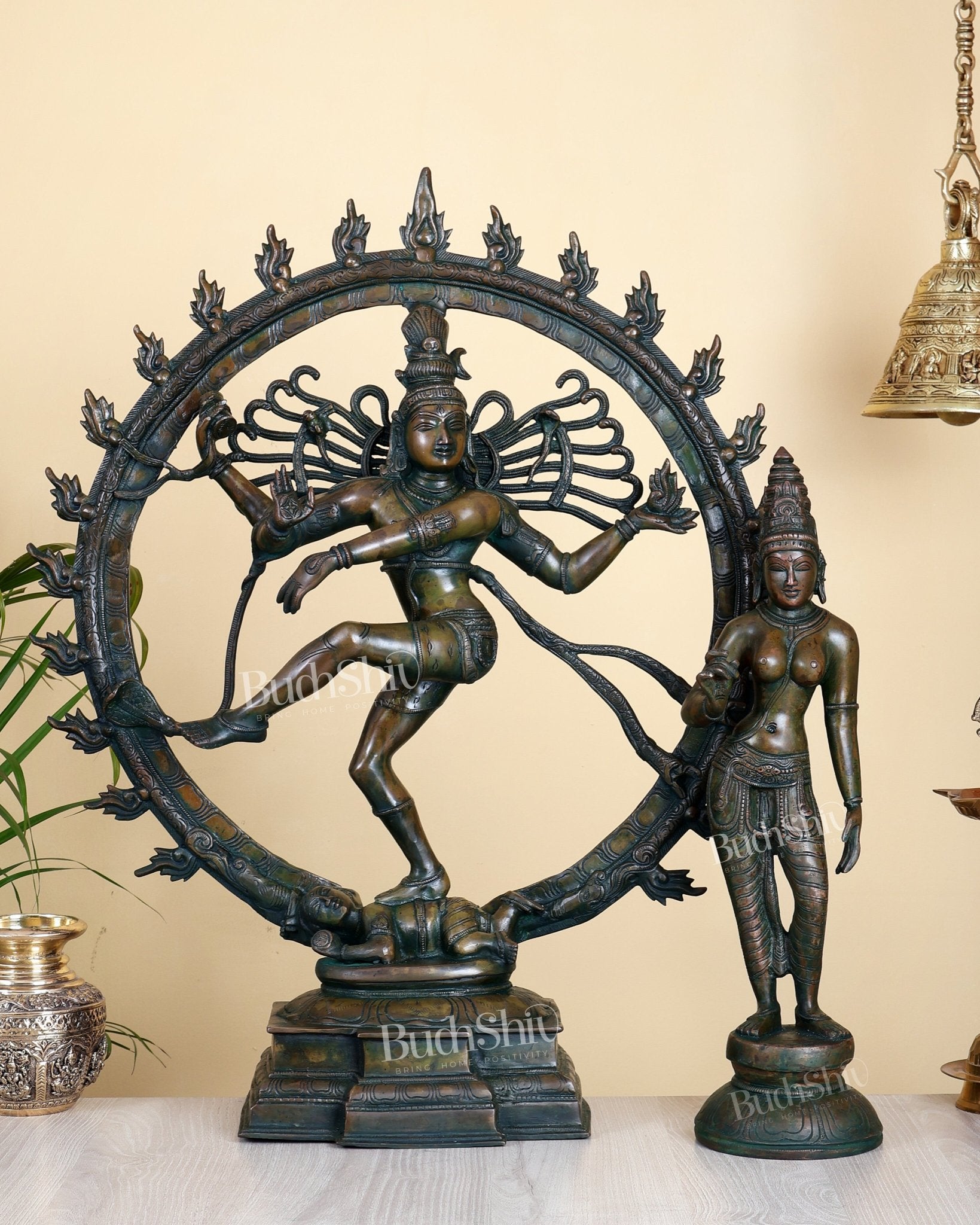 Pure Brass Nataraja 25" with Standing Shivagami Parvati 18" Set – Chola Bronze Antique Tone - Budhshiv.com