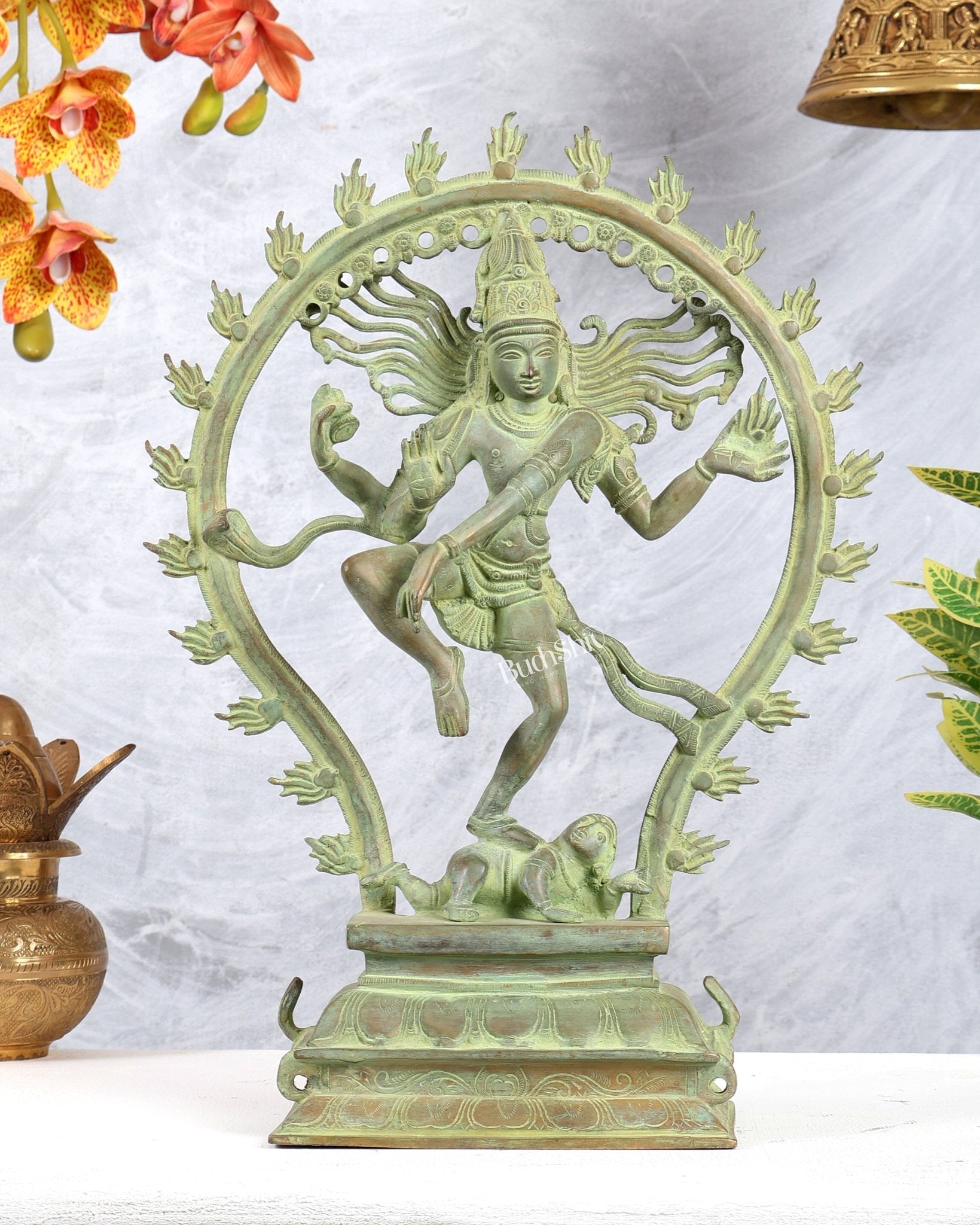 Pure Brass Nataraja Statue 16.3" with vintage green finish - Budhshiv.com