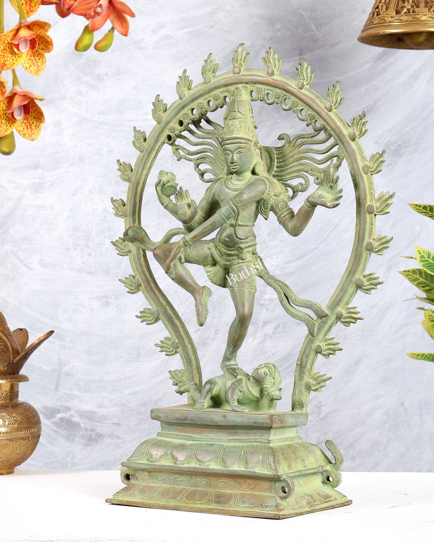 Pure Brass Nataraja Statue 16.3" with vintage green finish - Budhshiv.com