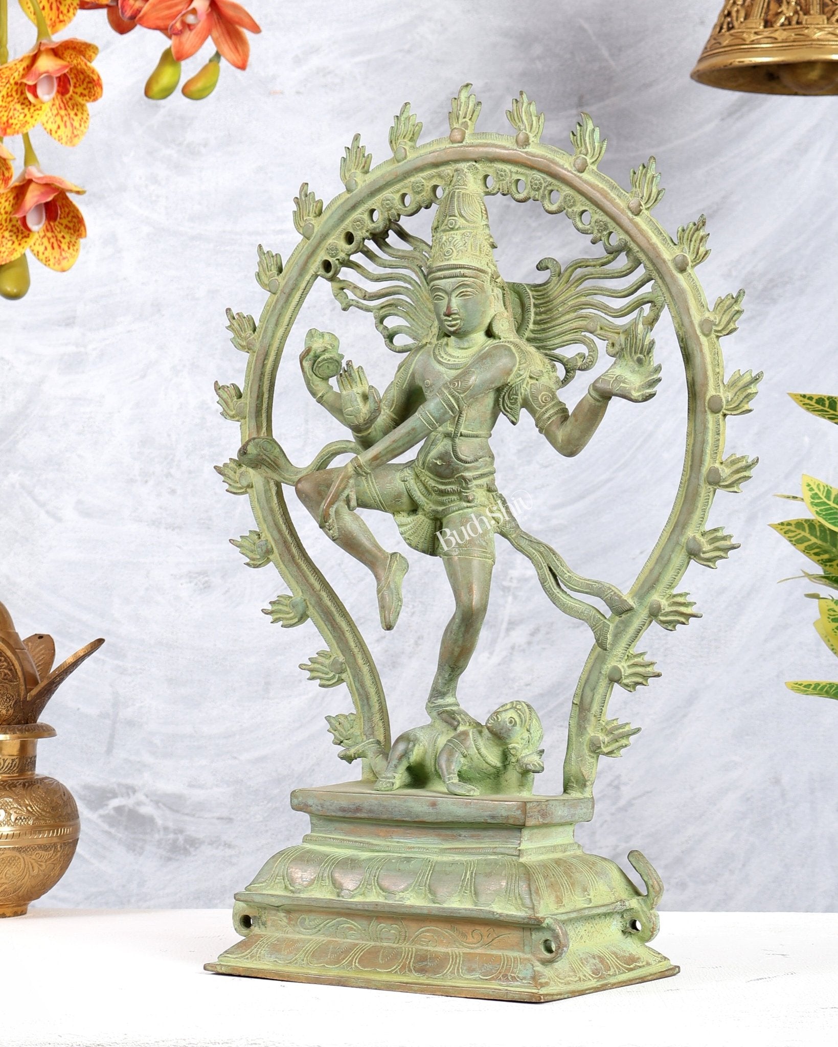 Pure Brass Nataraja Statue 16.3" with vintage green finish - Budhshiv.com