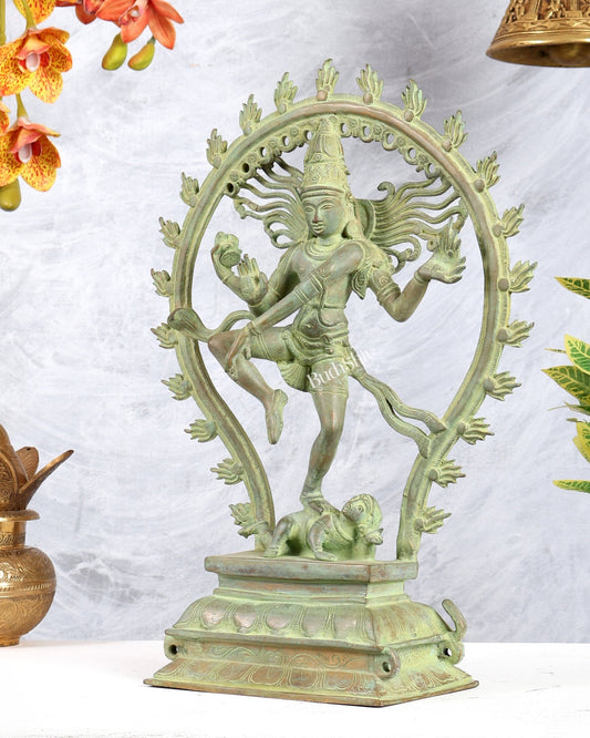 Pure Brass Nataraja Statue 16.3" with vintage green finish - Budhshiv.com