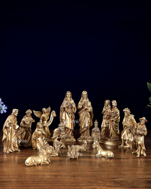 Pure Brass Nativity Set of 17 pcs – Intricately Carved Birth of Jesus Scene 7 inch - Budhshiv.com