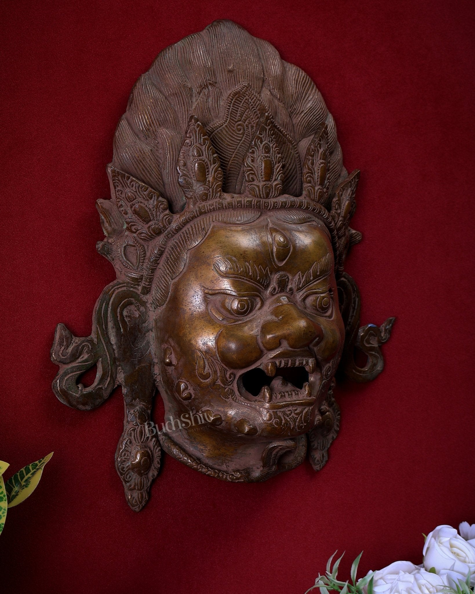 Pure Brass Nepalese Mahakal Wall Hanging Artefact – Bronze Touch Finish 12.5 inch - Budhshiv.com