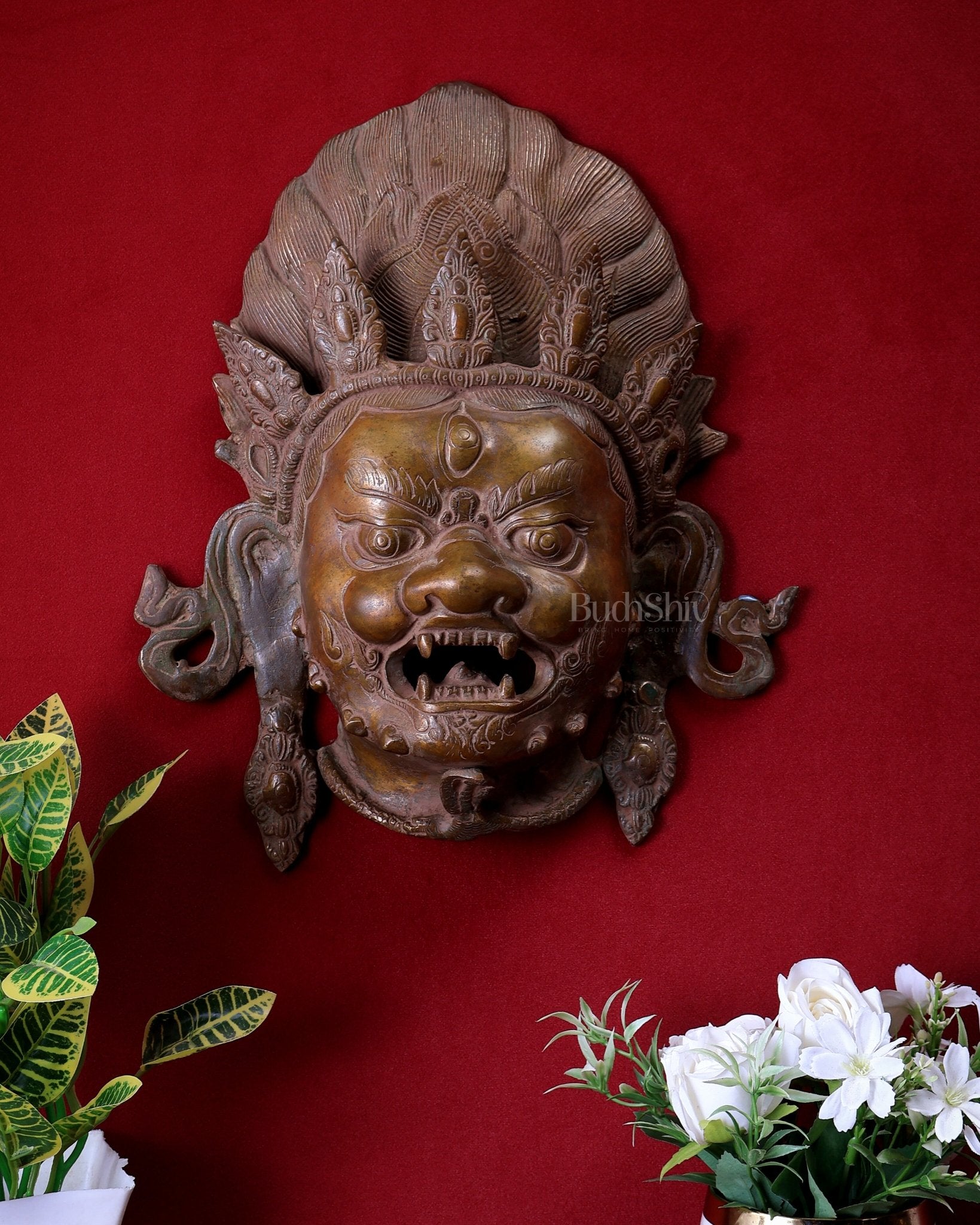 Pure Brass Nepalese Mahakal Wall Hanging Artefact – Bronze Touch Finish 12.5 inch - Budhshiv.com