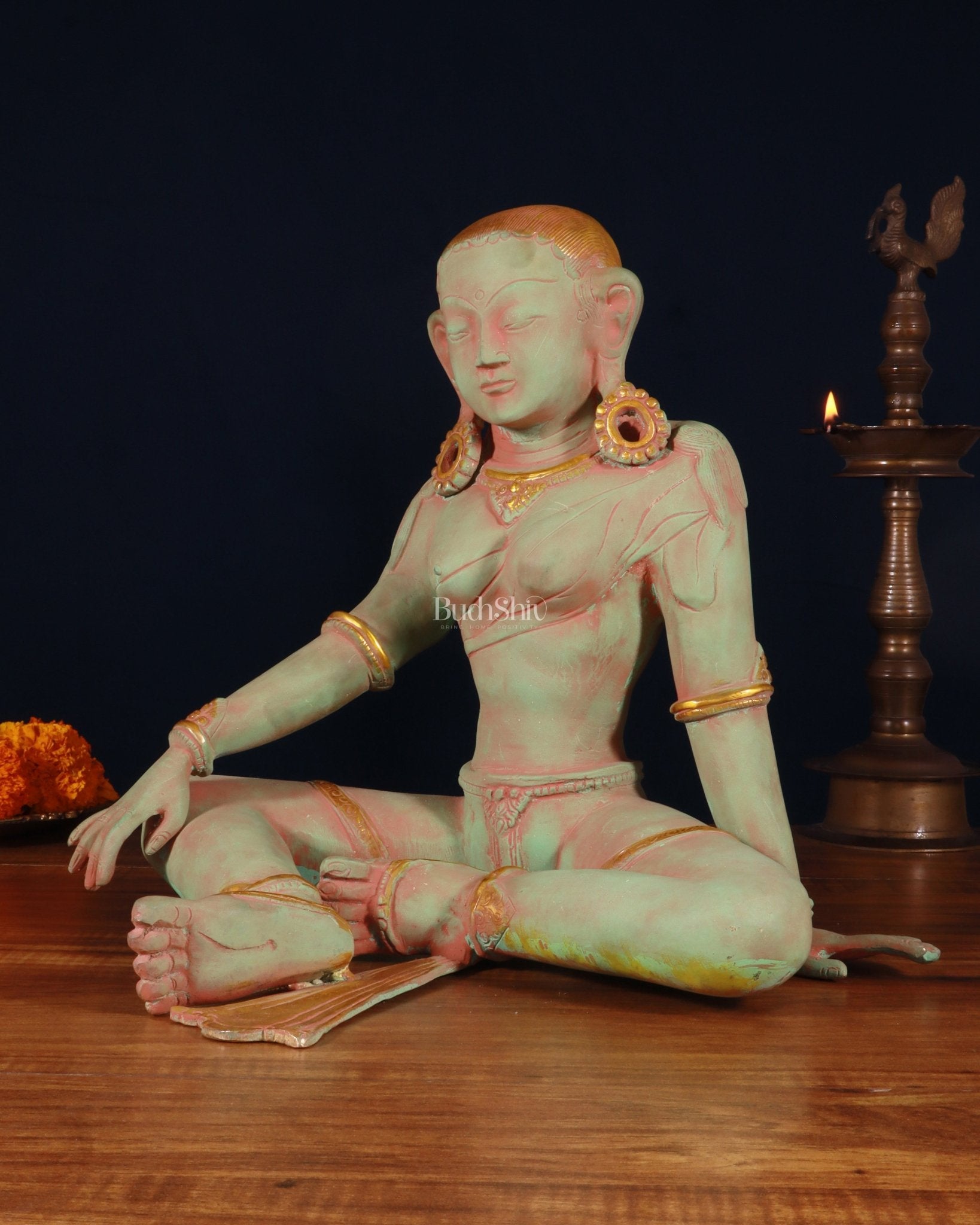 Pure Brass Nepalese Parvati Statue – Green Sand Finish, 12.5 Inch - Budhshiv.com