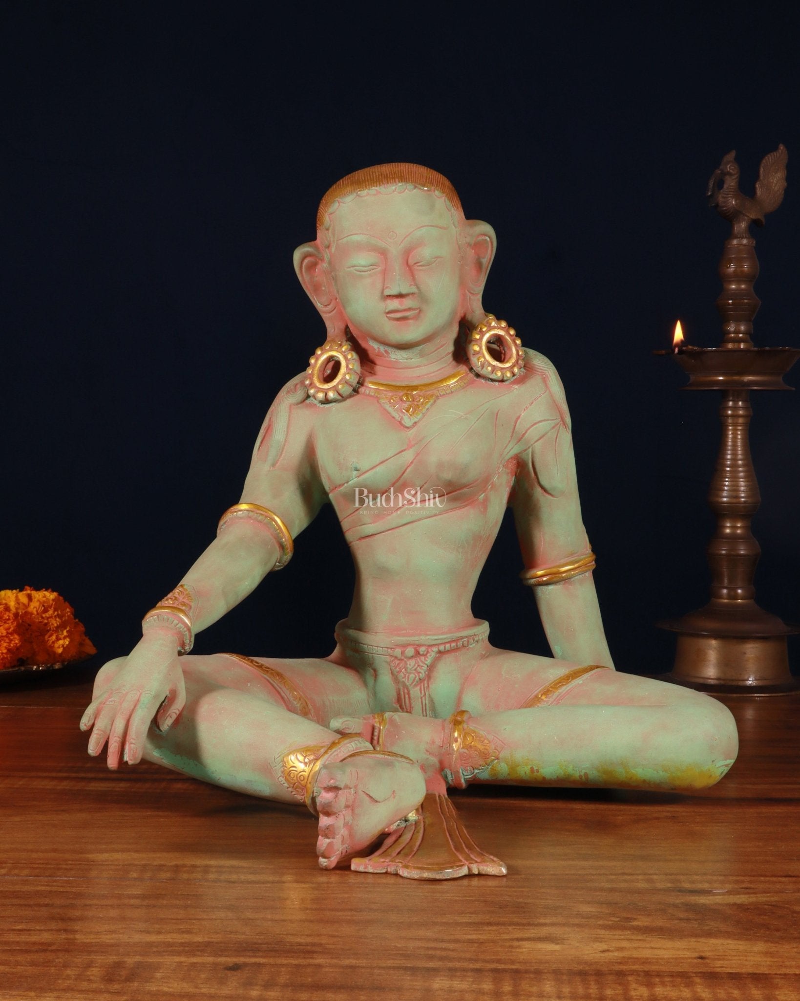 Pure Brass Nepalese Parvati Statue – Green Sand Finish, 12.5 Inch - Budhshiv.com